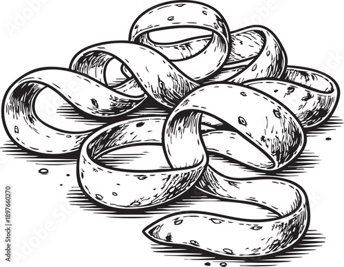 Potato peels curled on minimal background showing thin spiral strips for ingredient illustration use