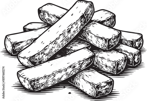 Potato thick batons stacked on plain background showing chunky cuts for food branding and packaging