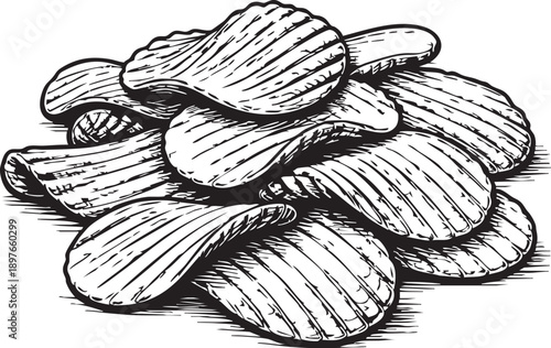 Potato crinkle chips piled on clean background showing wavy texture for snack packaging