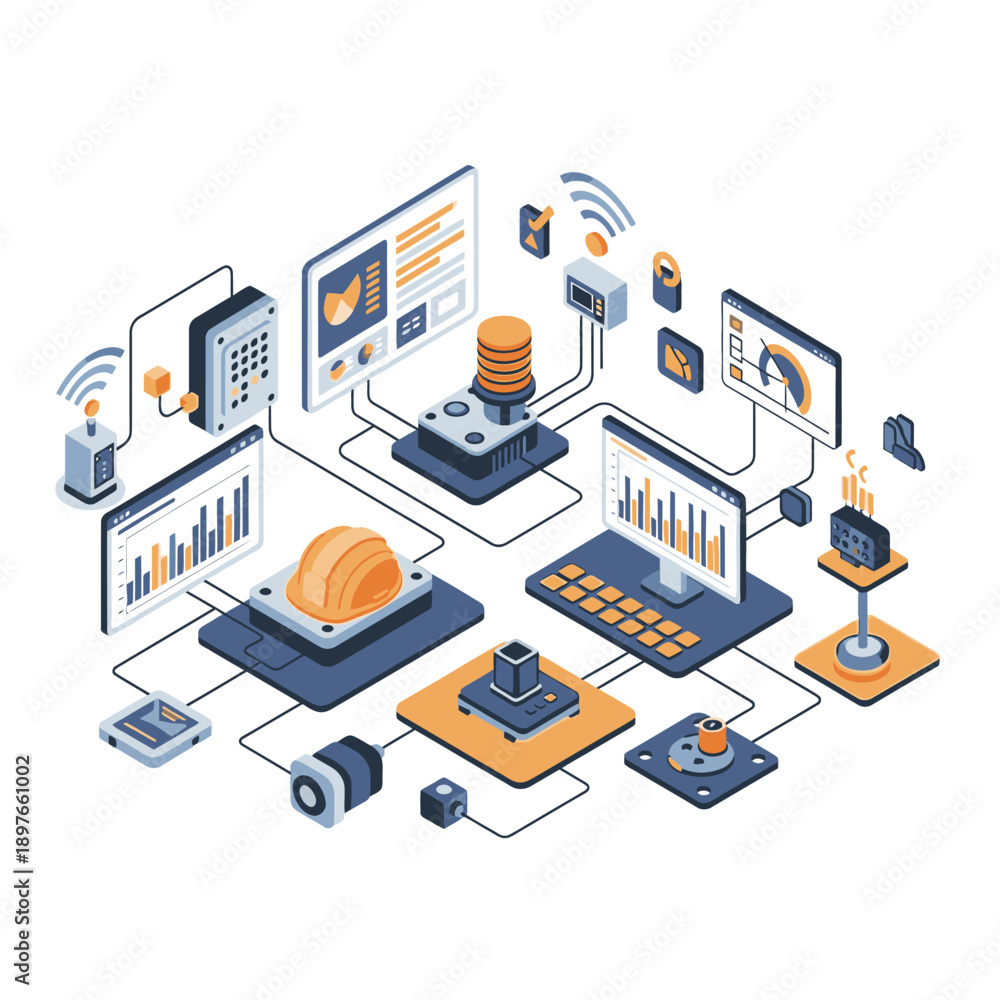 Fototapeta premium Isometric illustration of interconnected devices and data visualization elements.