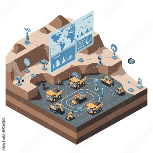 Isometric illustration of industrial automation and data analysis.