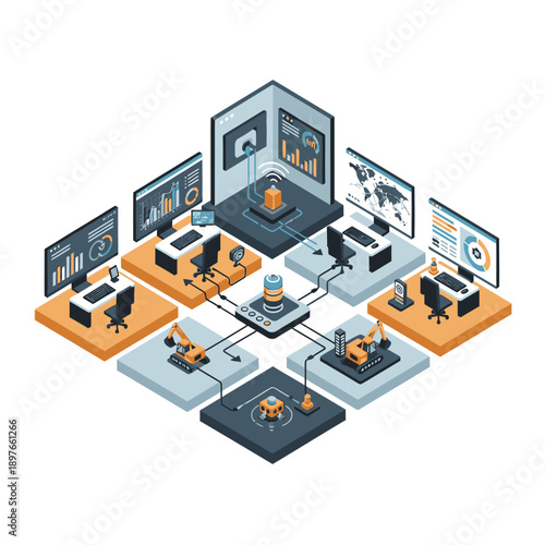 Isometric illustration of a networked office environment with multiple workstations and data visualization screens.