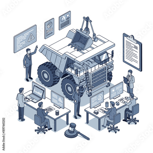 Isometric illustration of mining industry professionals working together around a large dump truck.