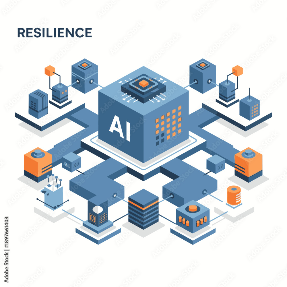Fototapeta premium Isometric AI technology illustration with interconnected systems and resilience theme.