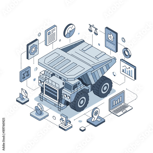Isometric illustration of a mining dump truck surrounded by various digital icons and devices.