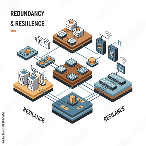Isometric illustration of redundancy and resilience in data centers and network infrastructure.