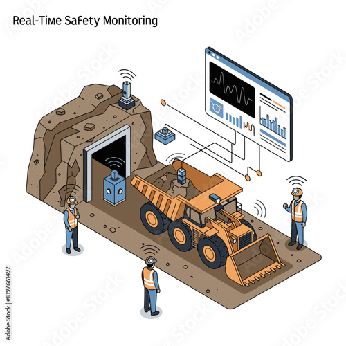 Isometric illustration of real-time safety monitoring in a mining or construction environment with workers, heavy machinery, sensors, and a data display.