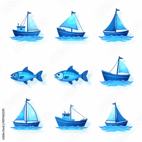 Collection of blue sailboats and fish on calm waters