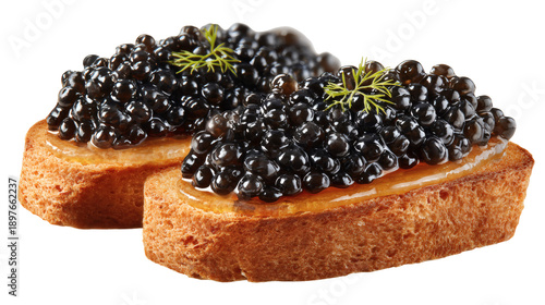 Caviar on toast, luxury Russian food, isolated on a white background