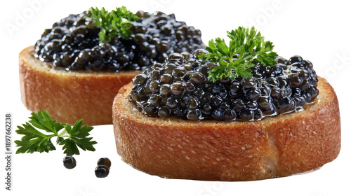 Caviar on toast, luxury Russian food, isolated on a white background