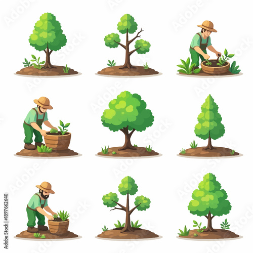 Gardener planting trees and nurturing growth in vibrant landscape