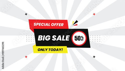 Big sale only today 50% off special offer sale banner vector illustration label sticker banner editable eps format template design with black, yellow and red shapes with white hot abstract background 