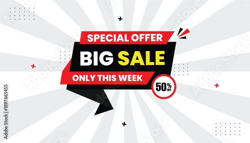 Big Sale Special offer banner design with 50% off discount only this week for Promotion and Advertising sticker label icon banner eps format editable template design with abstract white background