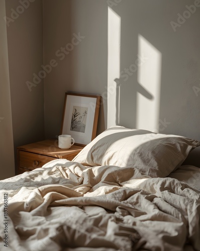 Sunlit minimalist bedroom interior with cozy unmade bed, neutral linen textures, soft shadows and calm morning home lifestyle atmosphere
