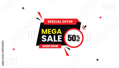 Mega Sale Banner with Special offer 50% Off Discount shop now for Promotion and Advertising sticker label icon banner eps format editable template design with abstract white background  illustration 
