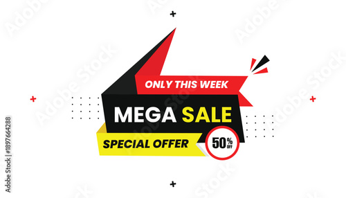 Mega sale special offer 50% off only this week sale banner vector illustration label sticker banner editable eps format template design with black, yellow and red shapes with white abstract background