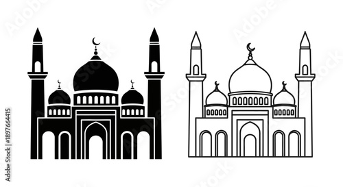 Mosque Icon with Minarets, Black and White
