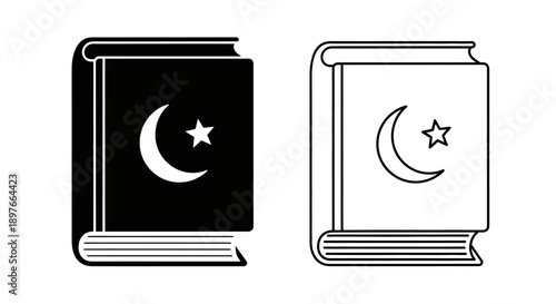Quran Icon with Crescent Moon, Black and White