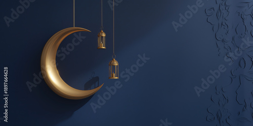 A golden crescent moon and hanging lanterns on a textured dark blue background.