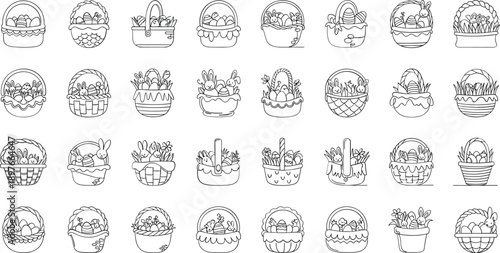 Collection of Easter baskets with bunnies and eggs illustrations