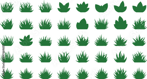 Collection of green grass and leaf silhouettes for design