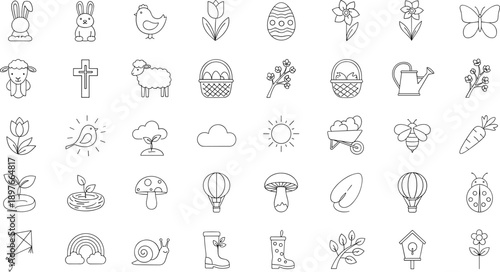 Spring Easter icons set with cute animals and flowers