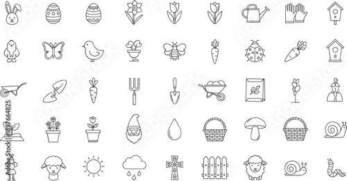 Spring garden icons set with Easter bunny and eggs