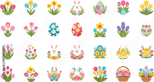 Vibrant Easter flowers and eggs with bunnies and chicks