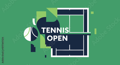 Abstract Tennis Tournament Illustration Featuring Court Ball and Bold Typography Design