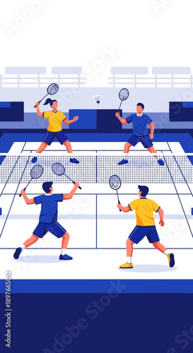 Active Badminton Players Competing in a Lively Match on an Outdoor Court