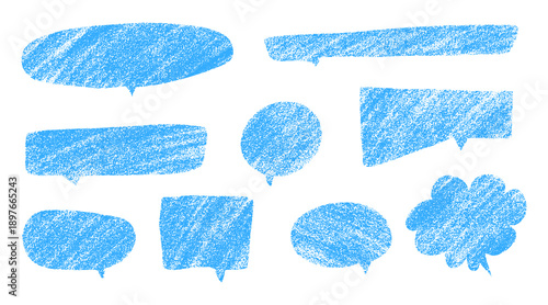 Blue cloud text texture set. Hand drawn sky blue talk bubbles and textured spots. Soft crayon and chalk brush strokes. Vector illustration of abstract shapes for social media and nursery design.