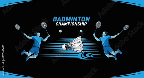 Badminton Championship Graphic Depicting Players and Shuttlecock in Dynamic Movement