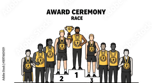 Athletes Celebrate Victory On Podium With Trophies And Medals Award Ceremony Race