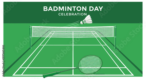 Badminton Day Celebration Depicting Shuttlecock And Racket On A Green Court
