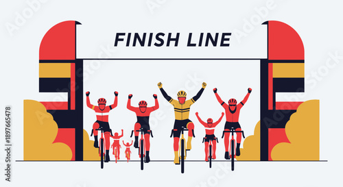 Athletes Triumphantly Crossing The Finish Line In A Bicycle Race Celebration