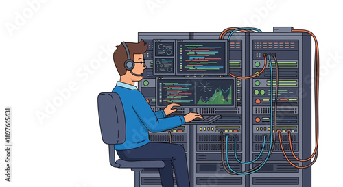 IT specialist monitoring data center server racks and network security