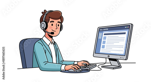 Customer support agent wearing headset working at call center desk