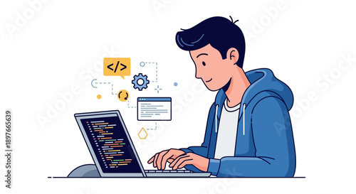 Young software engineer coding and developing application on laptop