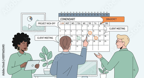 Business team planning schedule and tasks on large wall calendar