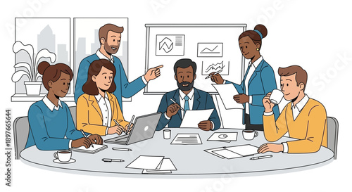 Diverse group of business professionals collaborates around an oval conference table in an office, actively discussing strategies and reviewing charts during a productive meeting.
