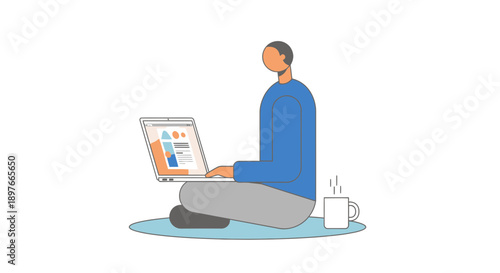 Individual sits cross-legged on a blue rug, comfortably working on a laptop, with a steaming mug placed beside them, representing remote productivity and casual work.