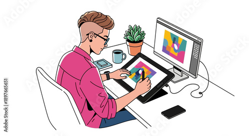 Graphic designer with an undercut hairstyle and glasses sits at a white desk, digitally illustrating vibrant abstract art on a graphics tablet, with a monitor displaying their creative work.