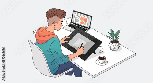 Creative professional with an undercut hairstyle sits at a white desk, intently working on a digital graphics tablet with a stylus, next to a laptop, coffee cup, and a small potted plant.