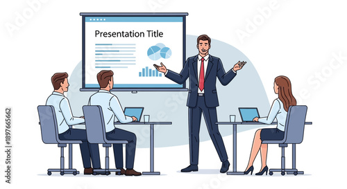 Professional male presenter engages his audience with a dynamic business presentation featuring pie and bar charts, addressing three attentive colleagues in a modern conference room.
