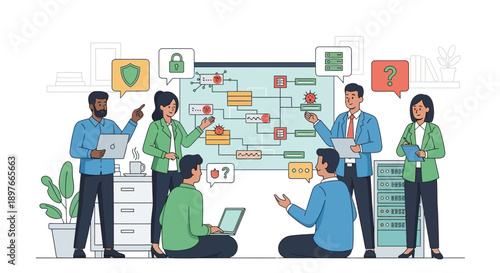 Diverse business professionals actively collaborate around a complex flowchart with security and error icons, symbolizing strategic problem-solving and process mapping in an office setting.