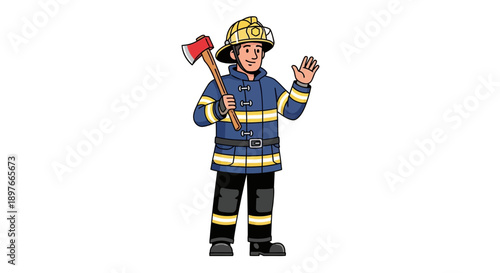 Confident firefighter in uniform holding an axe professional rescuer illustration