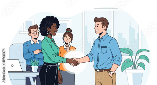 Businesswoman with dark curly hair shakes hands with a male colleague in a modern office setting, representing a successful professional agreement or a new business partnership.