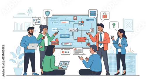 Business team members collaborate around a large interactive digital flowchart, actively discussing project management strategies and problem-solving concepts in a modern office environment.