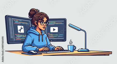 Woman programmer wearing glasses diligently works at a desk with two computer monitors displaying complex code, accompanied by a steaming coffee cup and a modern desk lamp.