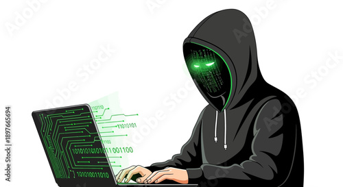 Hacker in a dark black hoodie with a glowing green digital face types intently on a laptop, surrounded by streaming data code representing cybersecurity threats.